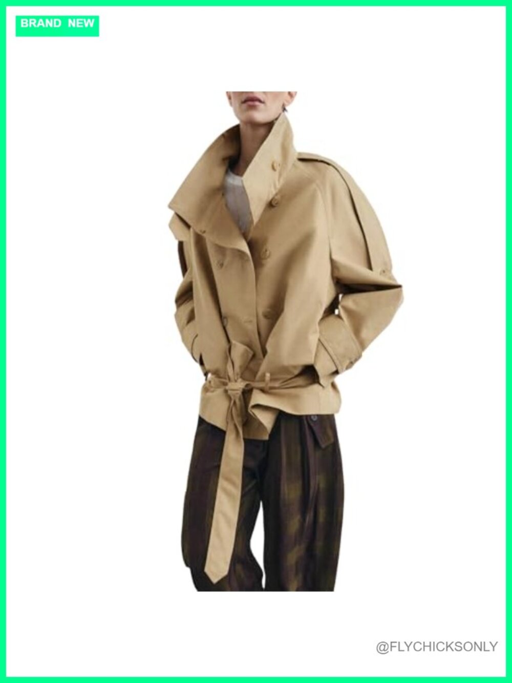 Cropped Trench Coat Women Funnel Neck Double Breasted Belted